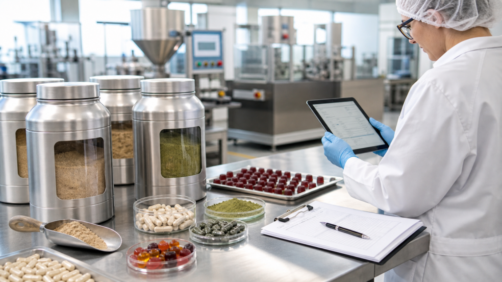 GMP-style dietary supplement quality control lab with botanical powder, capsules, gummies, softgels, batch records, and tablet documentation