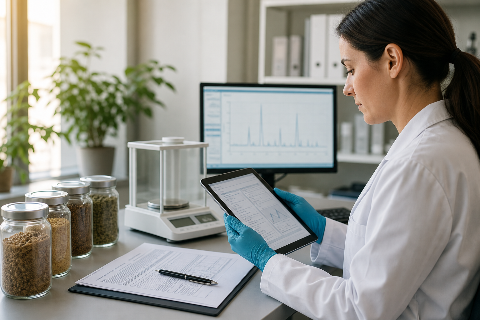 Quality-control specialist reviewing an ingredient evidence dossier, botanical raw-material samples, and analytical data in a nutraceutical laboratory.
