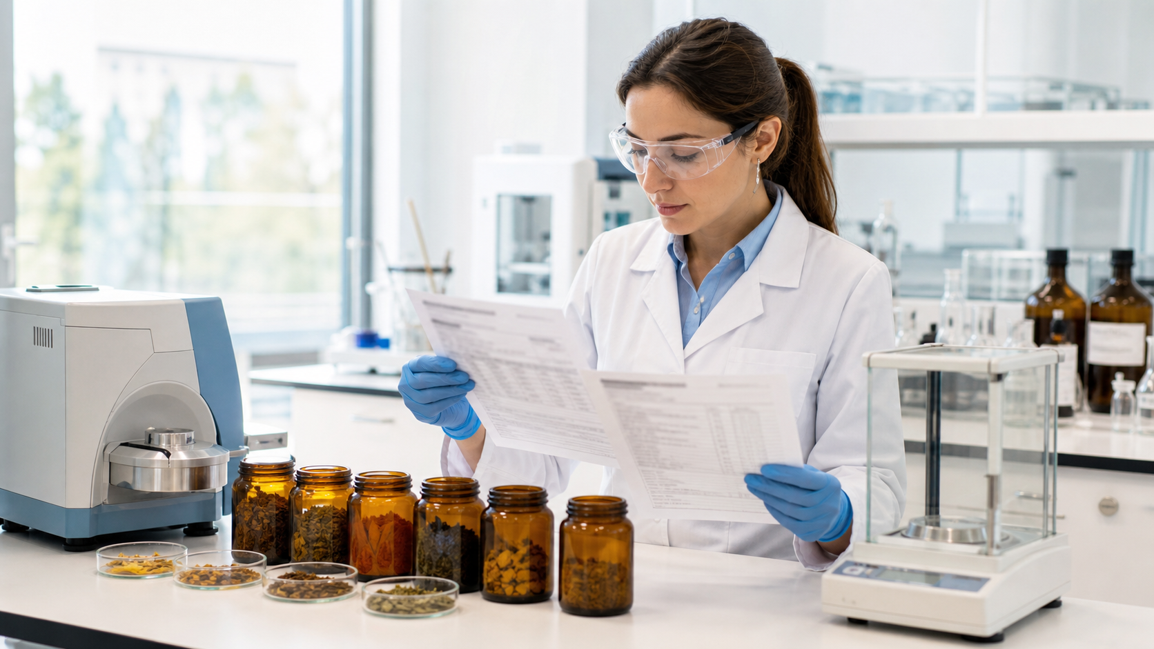 Quality-control specialist reviewing component specification records beside botanical raw materials, an analytical instrument, and a precision balance in a nutraceutical laboratory.