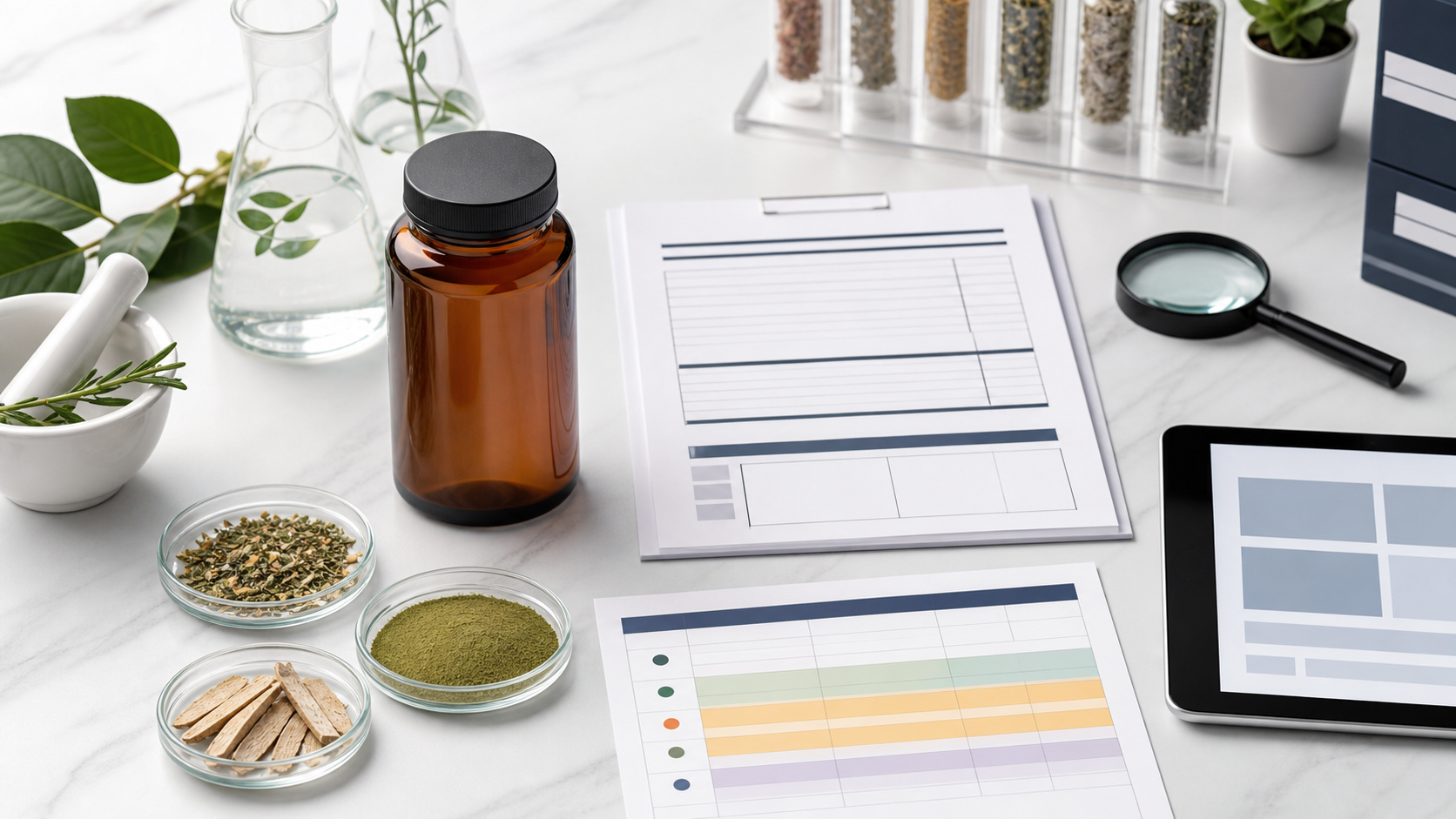 Unlabeled amber supplement bottle beside botanical ingredient samples, a blank label-review checklist, an evidence traceability sheet, and a tablet on a nutraceutical quality desk.