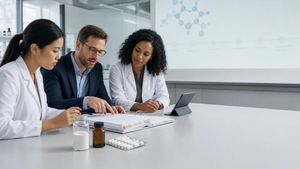 Cross-functional dietary supplement R&D and quality team reviewing a new dietary ingredient technical-transfer binder, ingredient sample vial, and manufacturing-readiness documents.