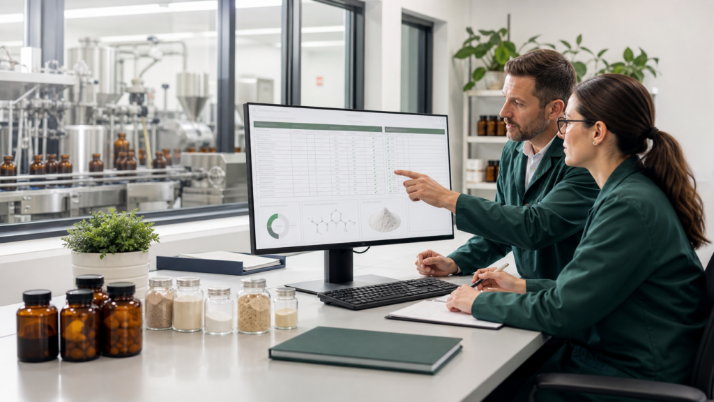 Quality-control specialist and operations manager reviewing a supplier qualification matrix and batch-release checklist beside unbranded amber supplement bottles in a nutraceutical manufacturing facility.