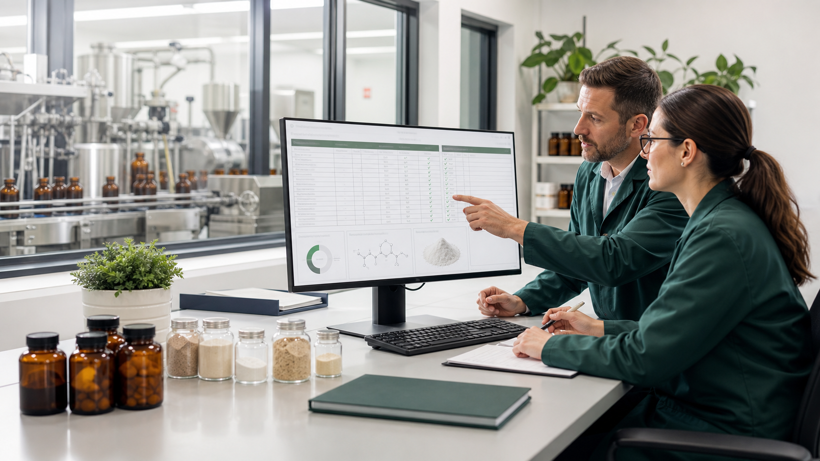 Quality-control specialist and operations manager reviewing a supplier qualification matrix and batch-release checklist beside unbranded amber supplement bottles in a nutraceutical manufacturing facility.