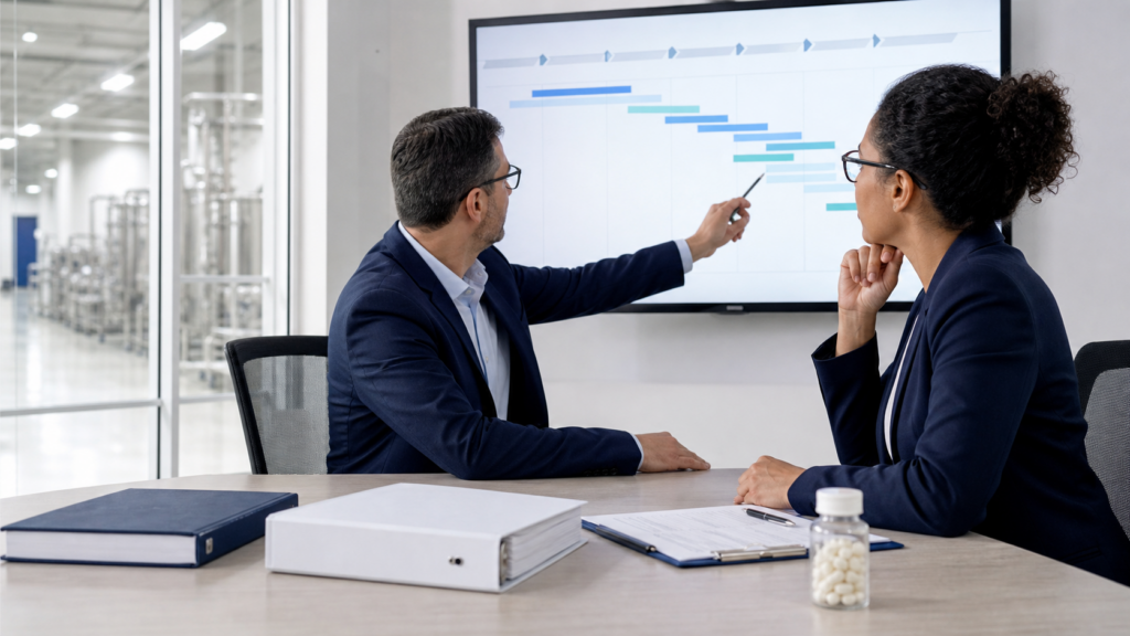 Two regulatory and quality professionals reviewing a manufacturing change-control timeline in a clean dietary supplement facility meeting room.