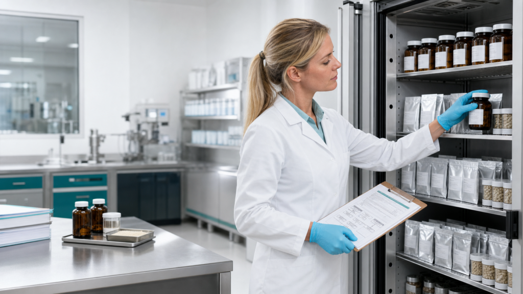 Quality-control specialist organizing retained reserve samples of unbranded supplement bottles, capsules, and sachets in a dietary supplement laboratory.