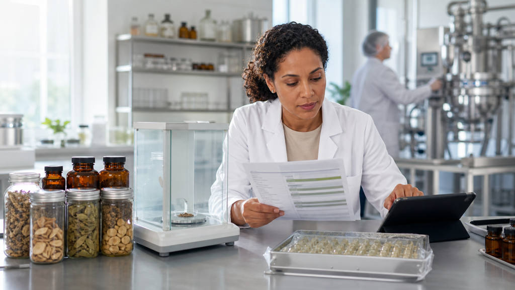 Quality specialist reviewing dietary supplement specifications with unbranded botanical ingredient samples, balance, capsules, and tablet in a manufacturing laboratory.