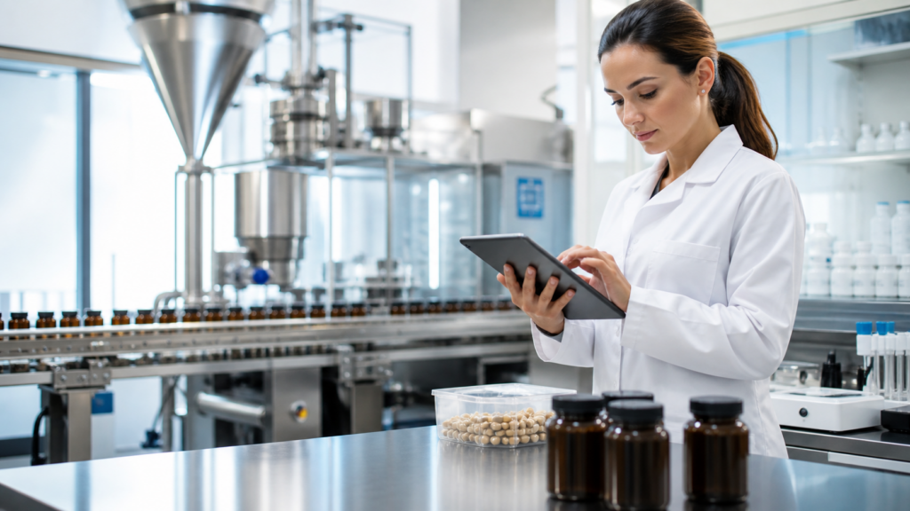 Quality specialist reviewing a digital batch record in a dietary supplement manufacturing laboratory