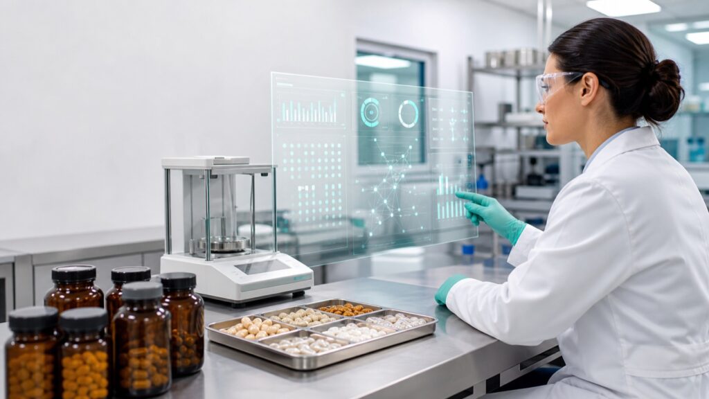 Quality specialist reviewing traceable AI-assisted batch data beside unbranded dietary supplement samples in a laboratory.