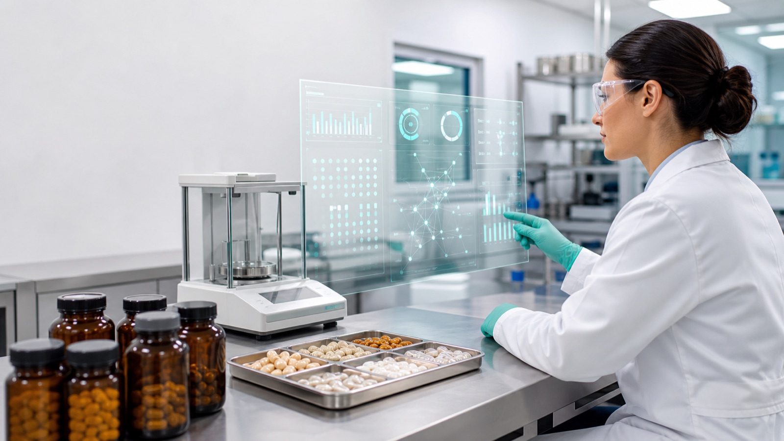 Quality specialist reviewing traceable AI-assisted batch data beside unbranded dietary supplement samples in a laboratory.
