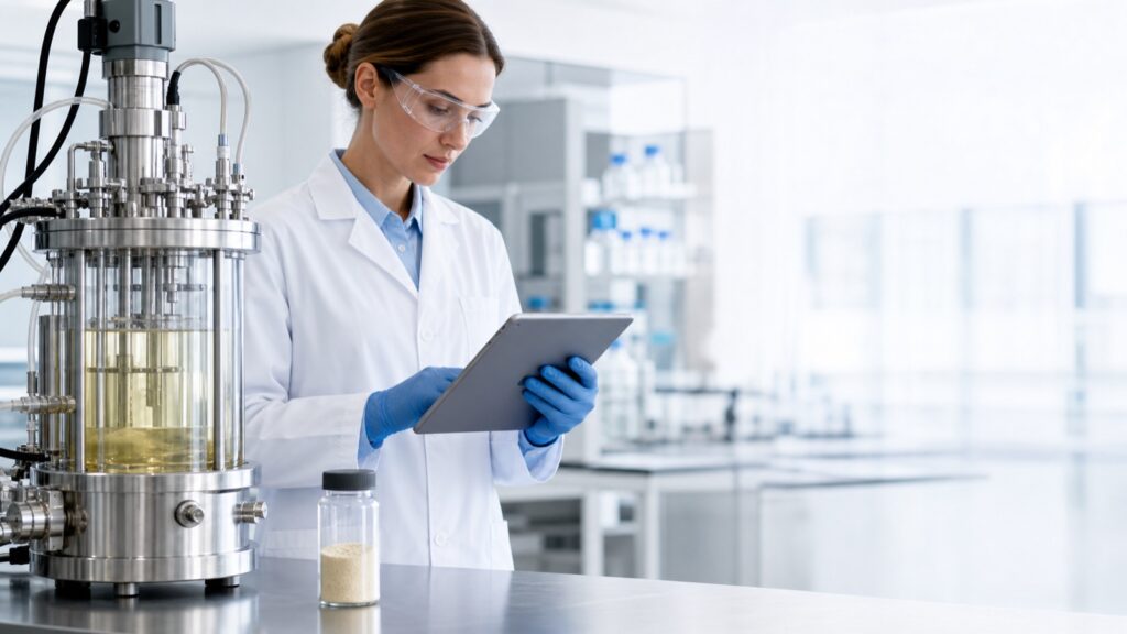 Quality scientist reviewing precision-fermentation process data beside an unbranded ingredient sample in a nutraceutical laboratory.
