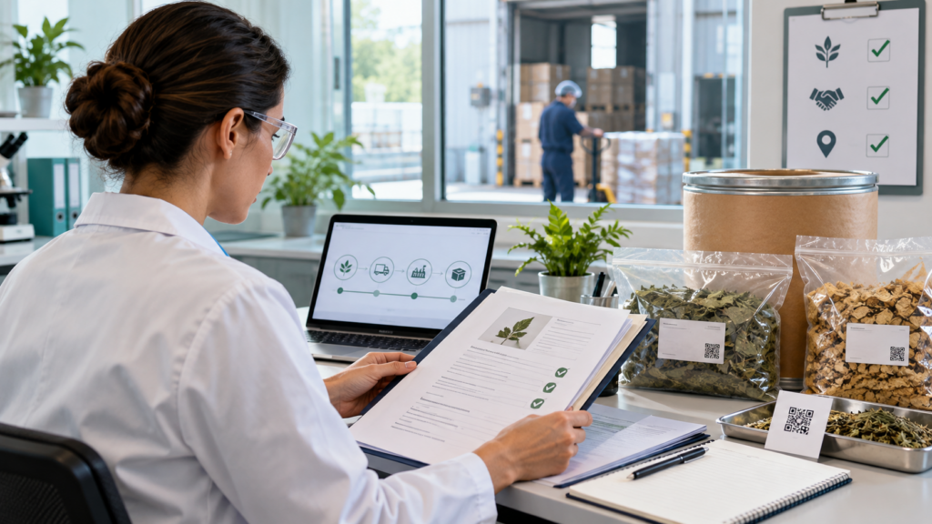 Quality specialist reviewing a supplier qualification dossier and traceability records beside unbranded botanical ingredient containers in a dietary supplement receiving area.